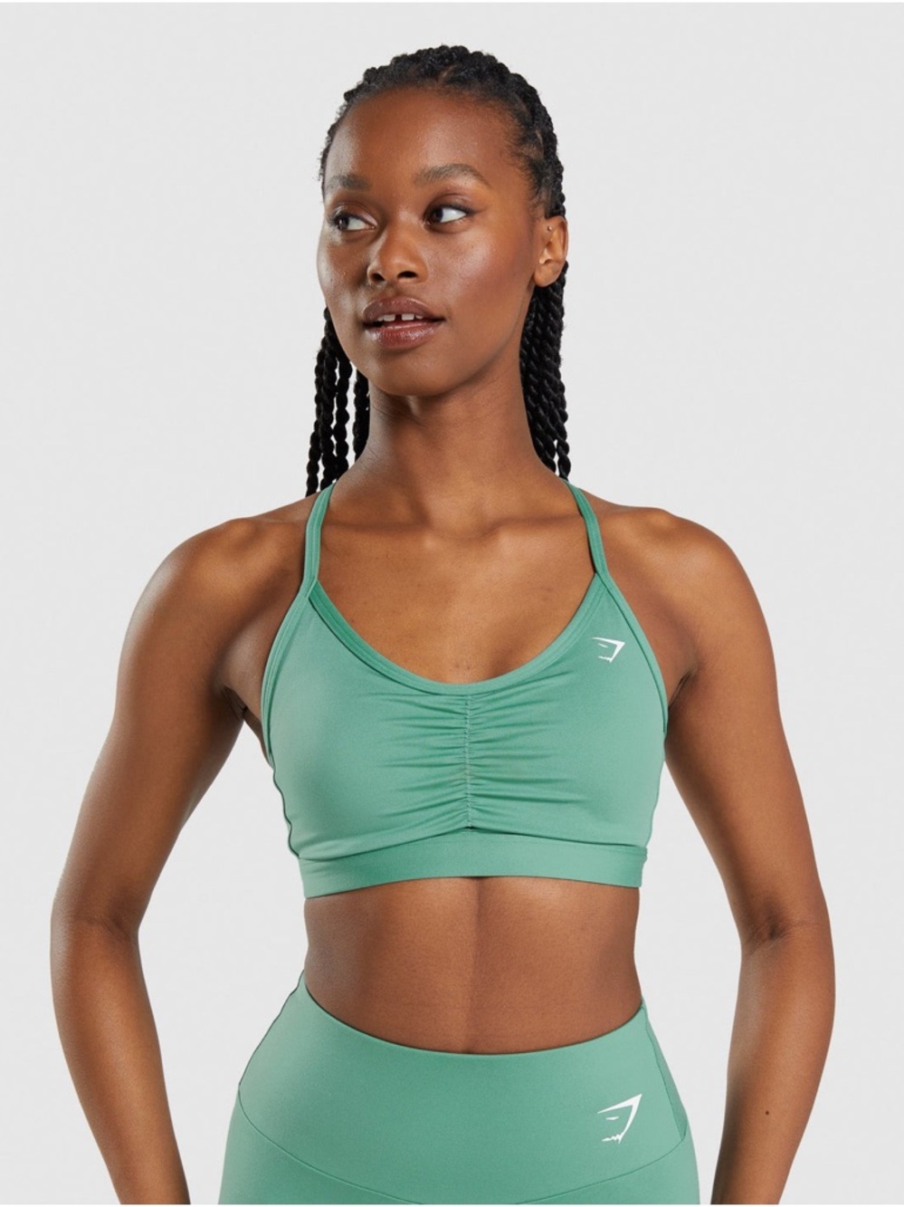 Gymshark Sage Green Ruched Sports Bra - Thin Strap Seamless Support